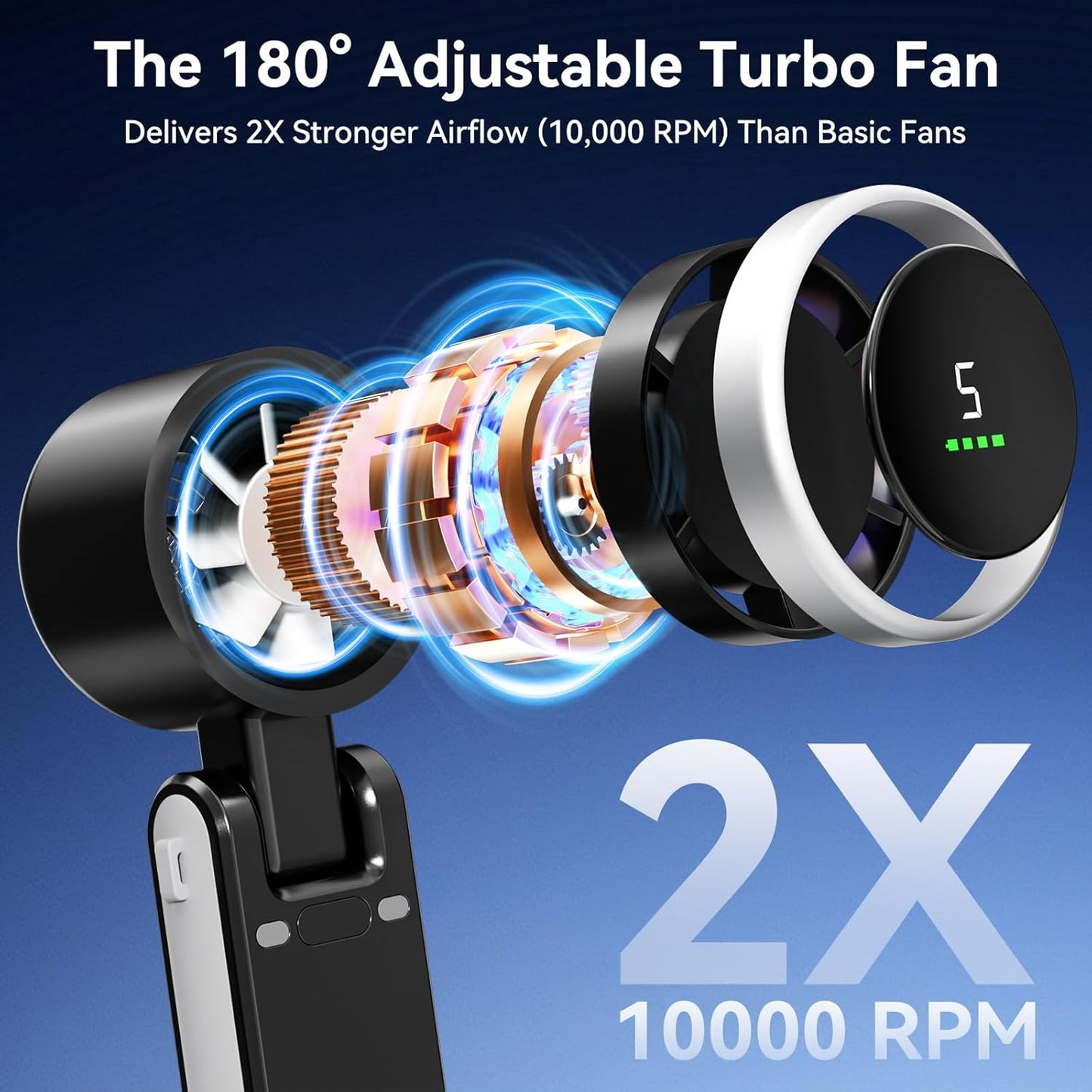 Portable Fan, Mini Fan, Handheld Turbo Fan, Portable Rechargeable Fan, 5-Speed, LED Display, Foldable Design (Black)