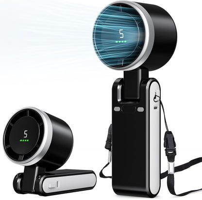 Portable Fan, Mini Fan, Handheld Turbo Fan, Portable Rechargeable Fan, 5-Speed, LED Display, Foldable Design (Black)