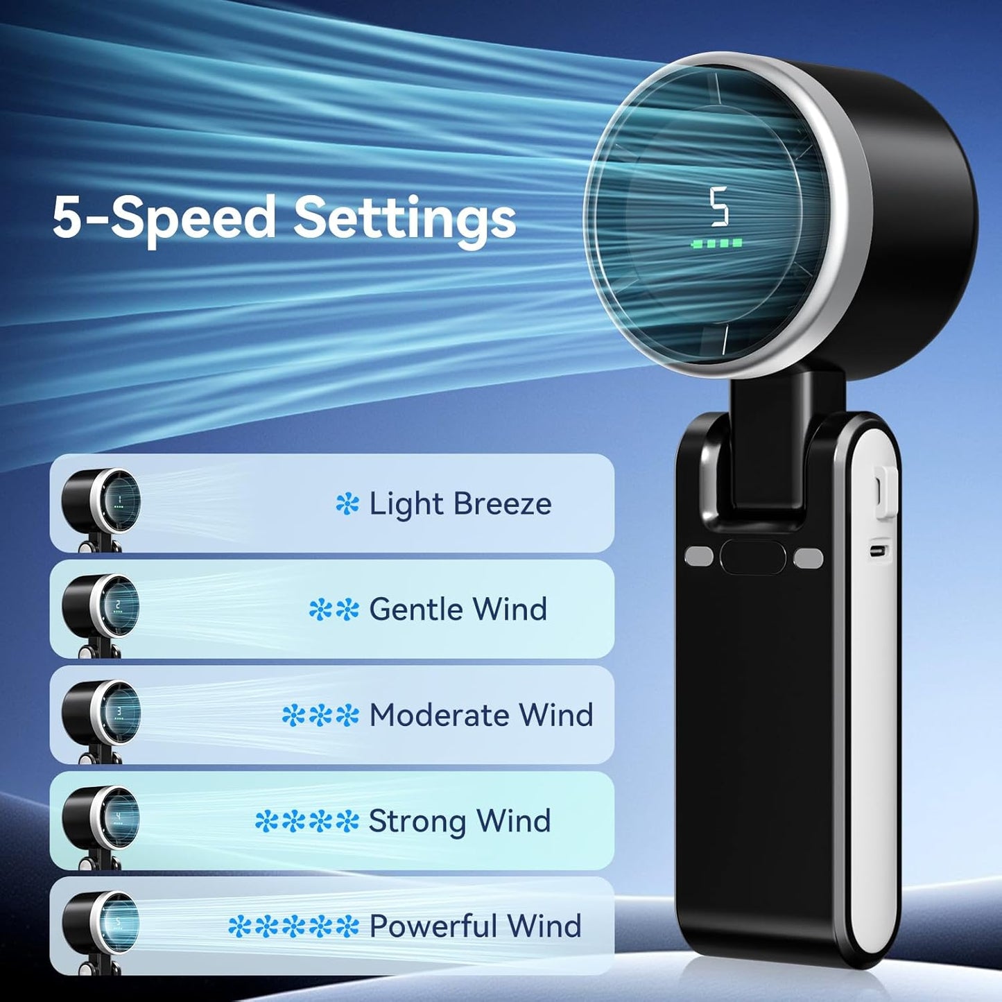 Portable Fan, Mini Fan, Handheld Turbo Fan, Portable Rechargeable Fan, 5-Speed, LED Display, Foldable Design (Black)